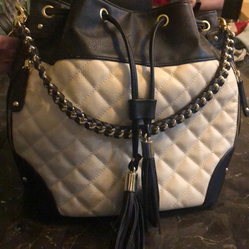Quilted leather tan and black purse